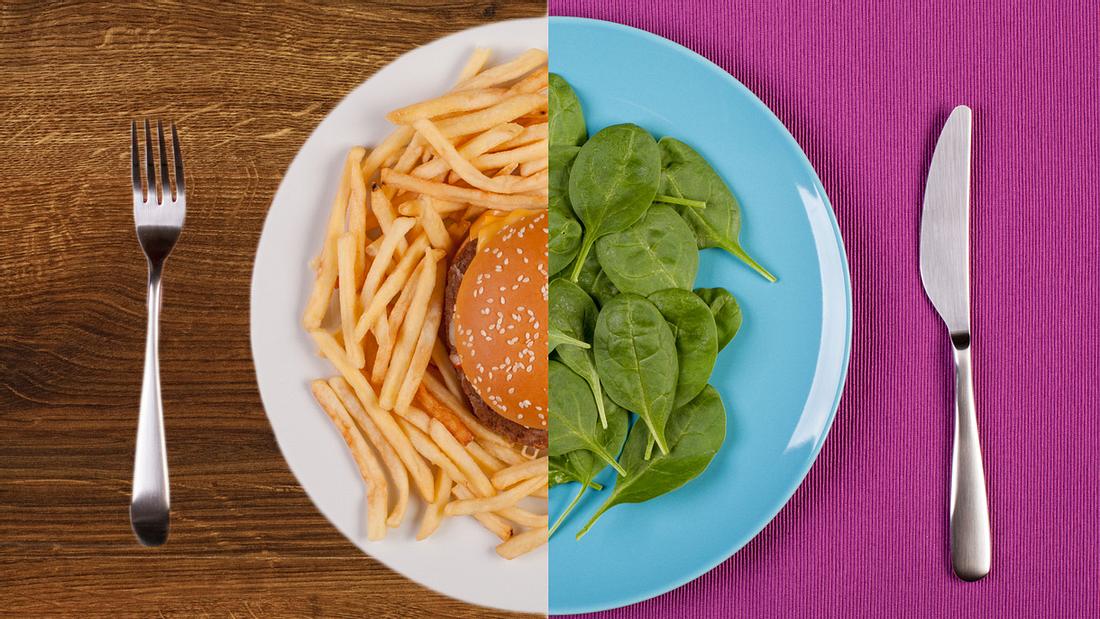 Salat versus Burger und Pommes