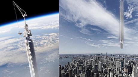 Wolkenkratzer, der von einem Asteroiden hängt