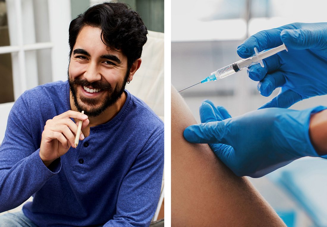 Collage: links ein Kiffer, rechts eine Impfung