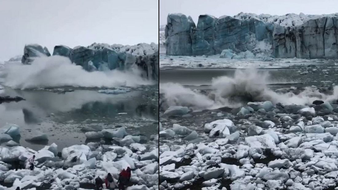 Ein Gletscher kalbt und verursacht riesige Welle