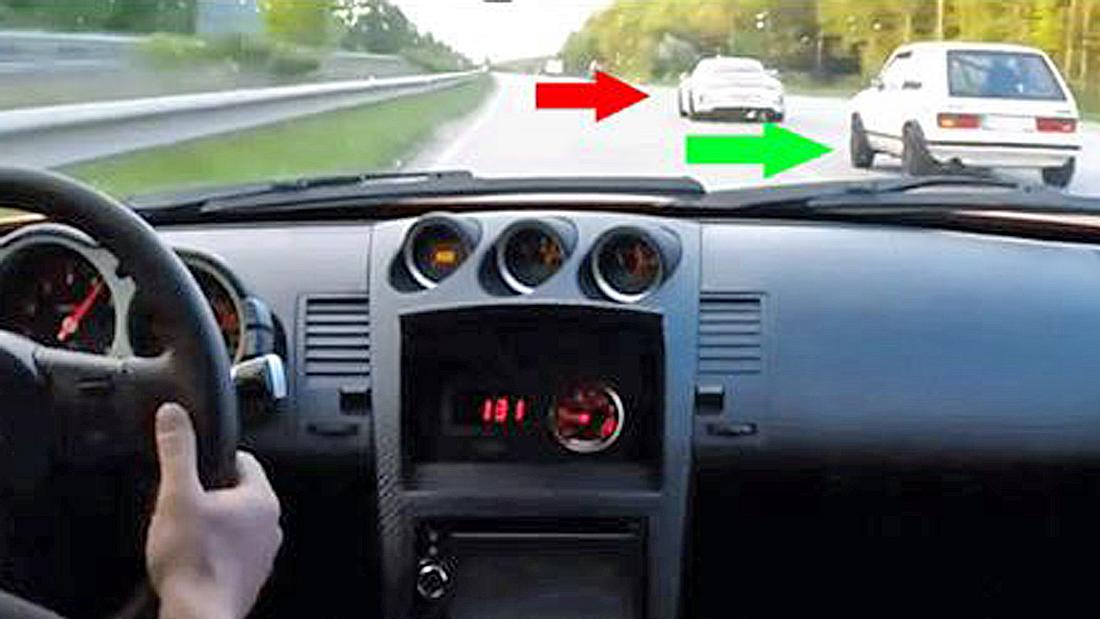 PS-Power: Ein alter VW Golf 1 zerstört einen Porsche 911 GT 3 in einem Rennen auf der Autobahn Ein VW Golf 1 hängt einen Porsche 911 ab