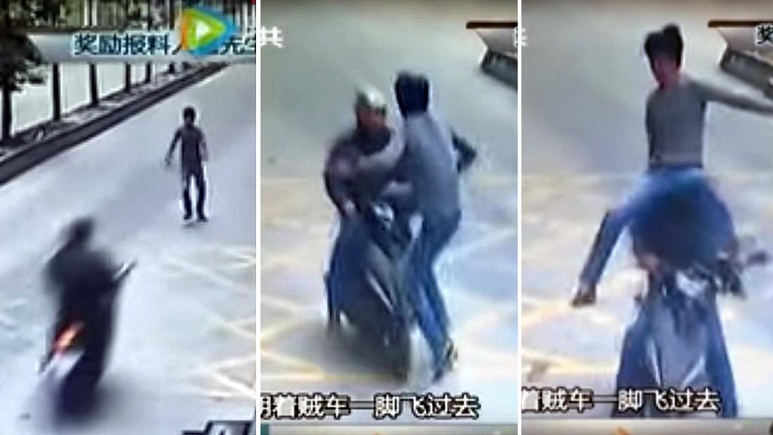 Dumm gelaufen: Ein Dieb raubt LKW-Fahrer Huo dessen Handy. Der Trucker ist allerdings im Kung Fu geschult und kickt den Räuber per brutalem Drehkick von dessen Roller LKW-Fahrer Huo tritt den Dieb seines Smartphones per Kung-Fu-Kick von dessen roller