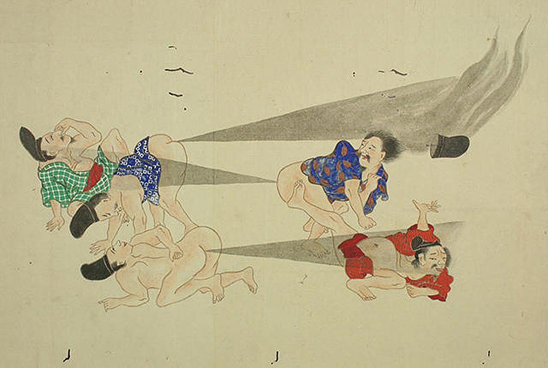 Auf He-gassen-Rollen haben japanische Künstler während der Edo-Zeit epische Furz-Schlachten illustriert He-gassen ist japanische Kunst, die epische Furz-Kriege illustriert
