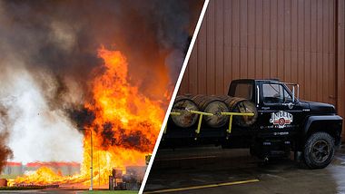 Lagerhalle mit Jim Beam brennt. - Foto: Getty Images / Luke Sharrett / iStock / Sjo (Collage Männersache)