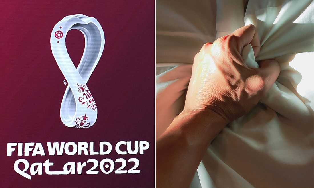 WM 2020 Logo, Hand krallt sich in Bettlaken