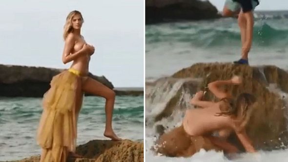 Model Kate Upton wird brutal von Welle ausradiert - Foto: Instagram / si_swimsuit