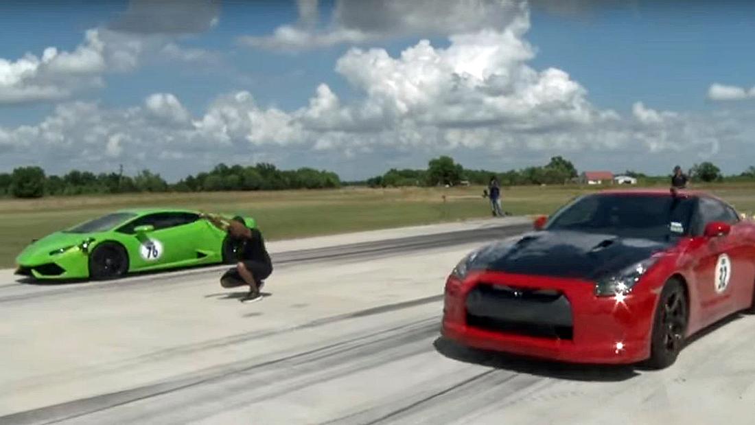 Lamborghini Huracan vs. Nissan GT-R: Ein Drag Race der PS-Ungetüme Ein Lamborghini Huracan mit 2100 Biturbo-PS duelliert sich mit drei NIssan GT-Rs