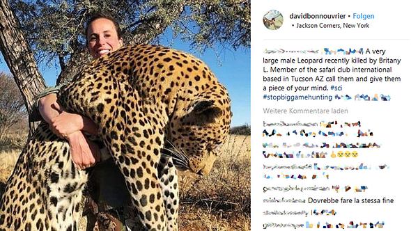 Großwildjägerin mit getötetem Leoparden. - Foto: Instagram/davidbonnouvrier