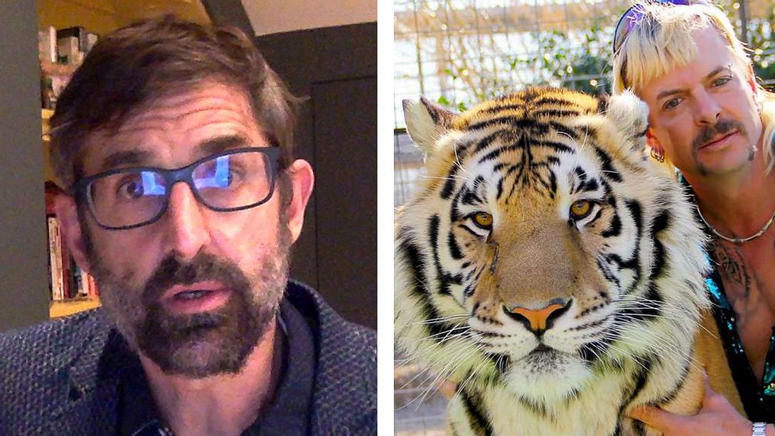 Louis Theroux und der Tiger King Joe Exotic nebst Tiger - Foto: Getty Images / British Podcast Awards / Netflix (Collage Männersache)