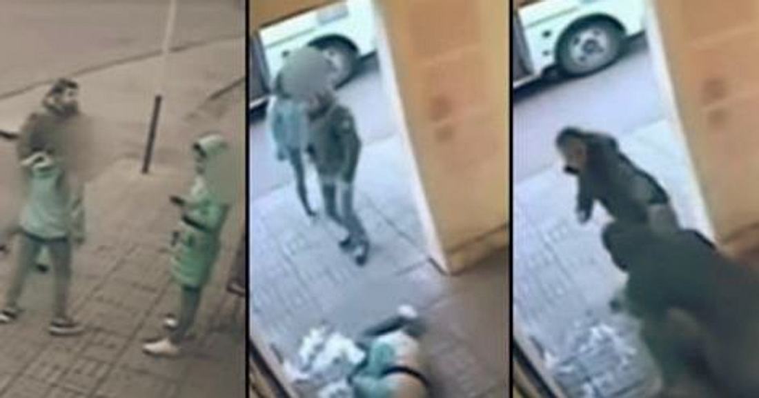 Ein Mann zeigt Zivilcourage als ein Frau attackiert wird Bilder aus einer Überwachungskamera filmen, wie ein Mann eine Frau attackiert, bis ein weiterer Mann eingreift