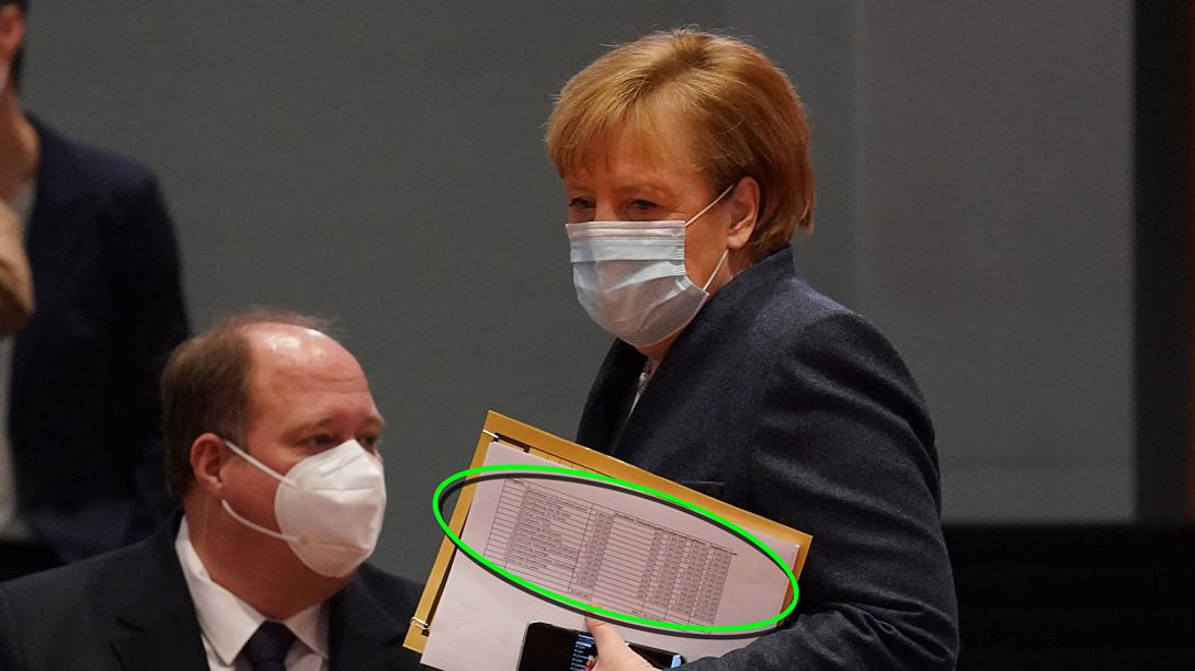 Angela Merkel mit Impfliste - Foto: Getty Images / Sean Gallup (Markierung Männersache)