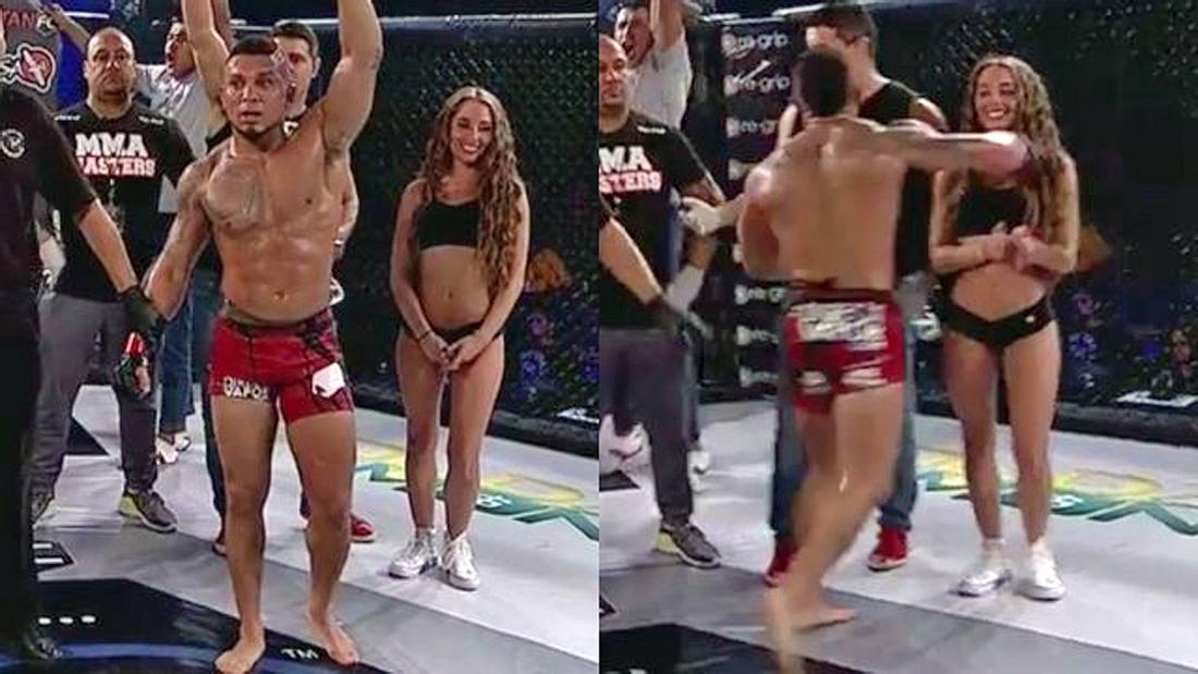 Bei Titan FC 42: MMA-Fighter Andrew The Beast Whitney schlägt nach seiner Niederlage im Bantamweight-Titelkampf ein Nummerngirl mit der rechten Faust MMA-Kämpfer Andrew The Beast Whitney schlägt ein Nummerngirl mit der Faust