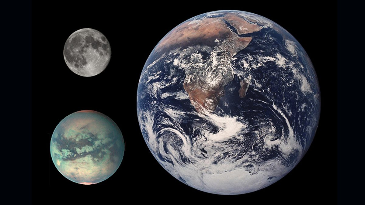 Vergleich: Erde (rechts), Saturnmond Titan (links unten), Mond (links oben)