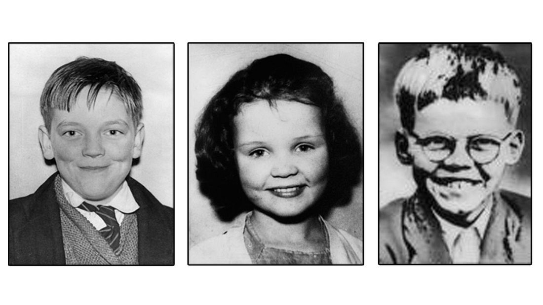 Drei Opfer der Moor-Mörder: John Kilbride (1951 - 63), Lesley Ann Downey (1955 -
65), der Körper von Keith Bennett (1952 - 64) wurde nie gefunden Drei Opfer der Moor-Mörder: John Kilbride (1951 - 63), Lesley Ann Downey (1955 - 65), der Körper von Keith Bennett (1952 - 64) wurde nie gefunden