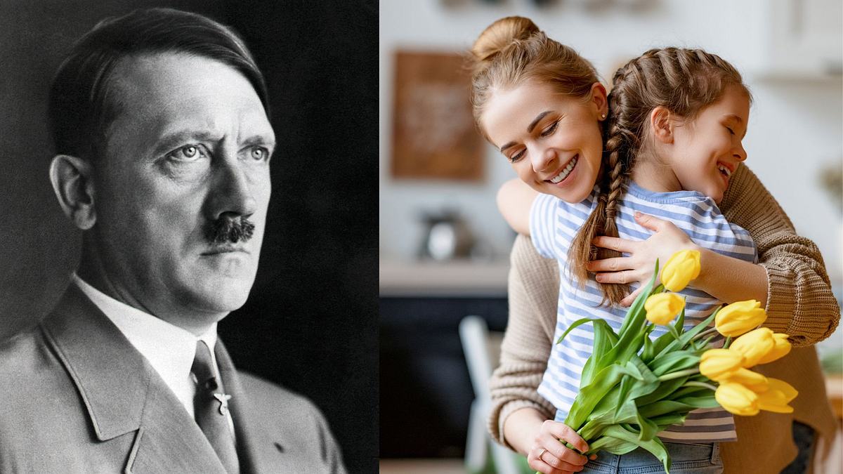 Collage: Adolf Hitler und Mutter und Kind mit Blumenstrauß