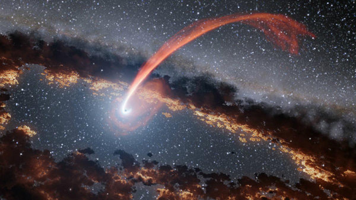 Bei einer Stellar Tidal Disruption verschluckt ein Schwarzes Loch einen Stern und spuckt danach eine hochenergetische Feuerflamme