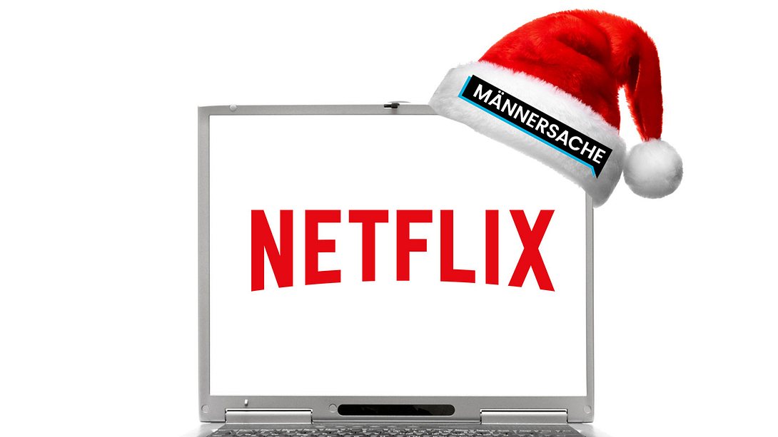 Laptop mit Netflix-Schriftzug und Weihnachtsmütze mit Männersache-Schriftzug - Foto: imago images / McPHOTO / iStock / ZaharovEvgeniy (Collage Männersache)
