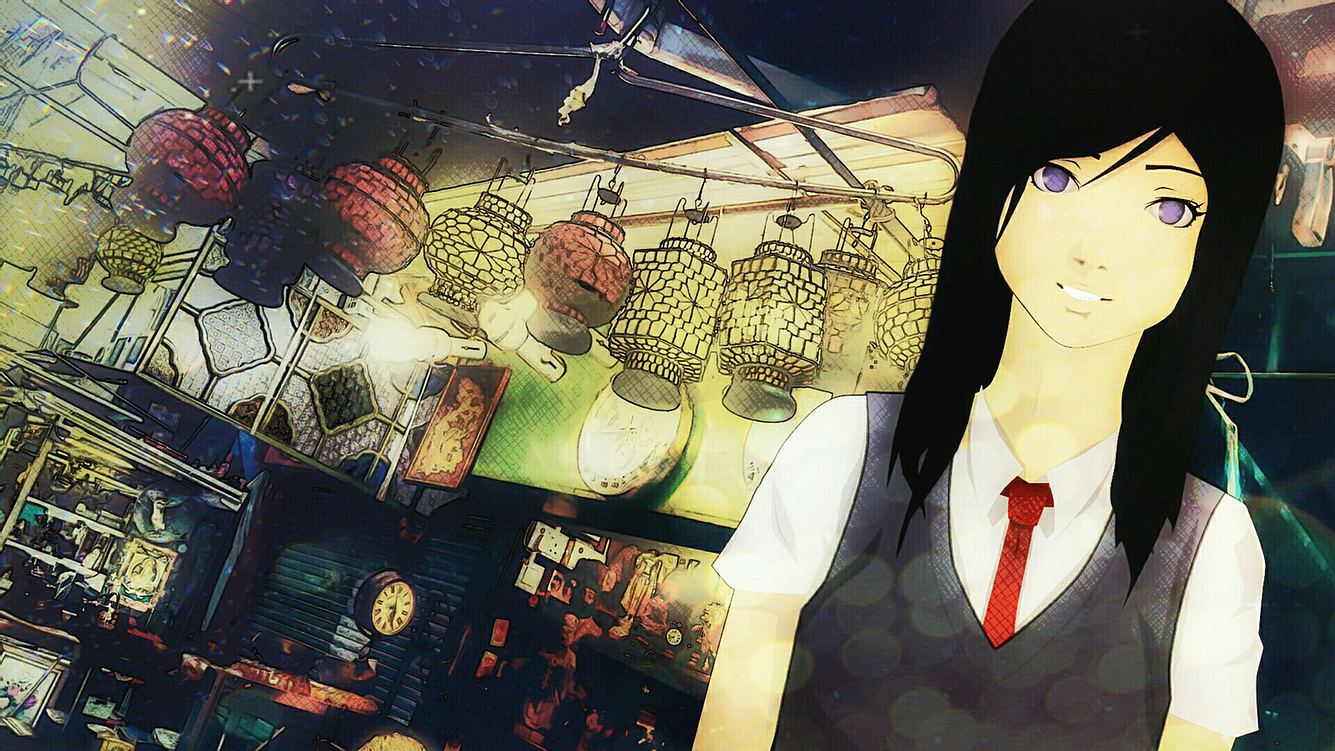 Comic: Japanisches Schulmädchen geht auf einem alten Markt einkaufen