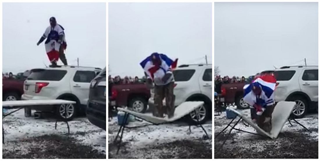 NFL-Unglück: Ein Fan der Buffallo Bills bricht sich bei einem missglückten Sprung von seinem Auto ein Bein Ein Fan der Buffallo Bills bricht sich bei einem missglückten Stunt ein Bein