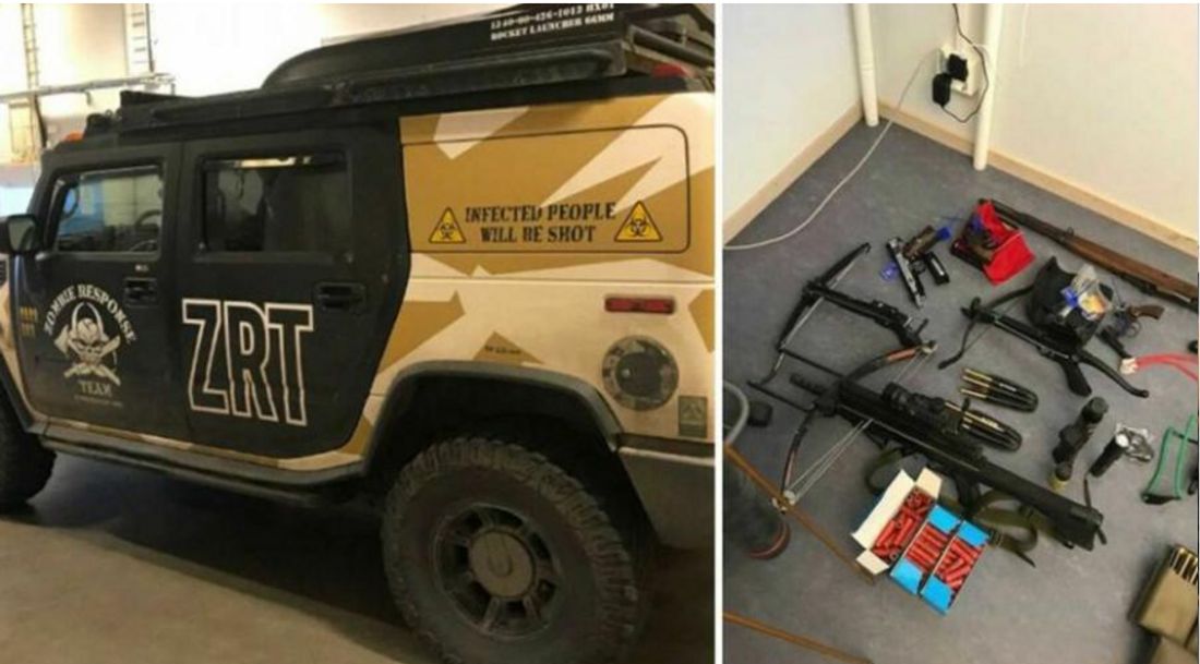 Polizei stoppt Zombie-Jäger an schwedischer Grenze Wagen der Zombie-Jäger und ihre Waffen