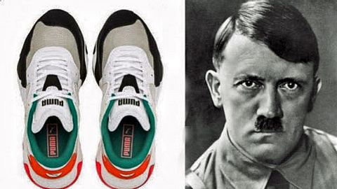 Sportschuhe von Puma (links) und ein das Gesicht von Adolf Hitler (rechts) - Foto: Screenshoz Twitter / 
