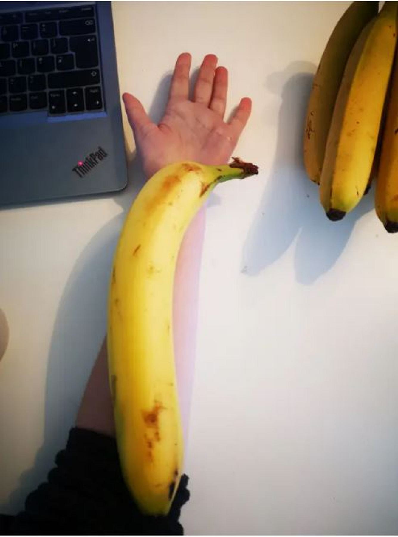 Frau präsentiert Monster-Banane im Netz Banane auf einem Arm