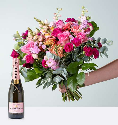 "Schön, dass es dich gibt"-Blumenstrauß mit Moet & Chandon Rosé Champagner