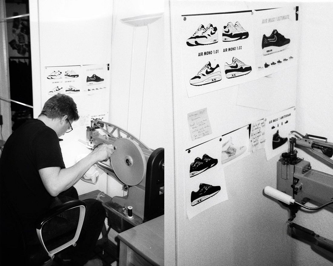 Sneaker Mono an seiner Nähmaschine Sneaker Mono an seiner Nähmaschine