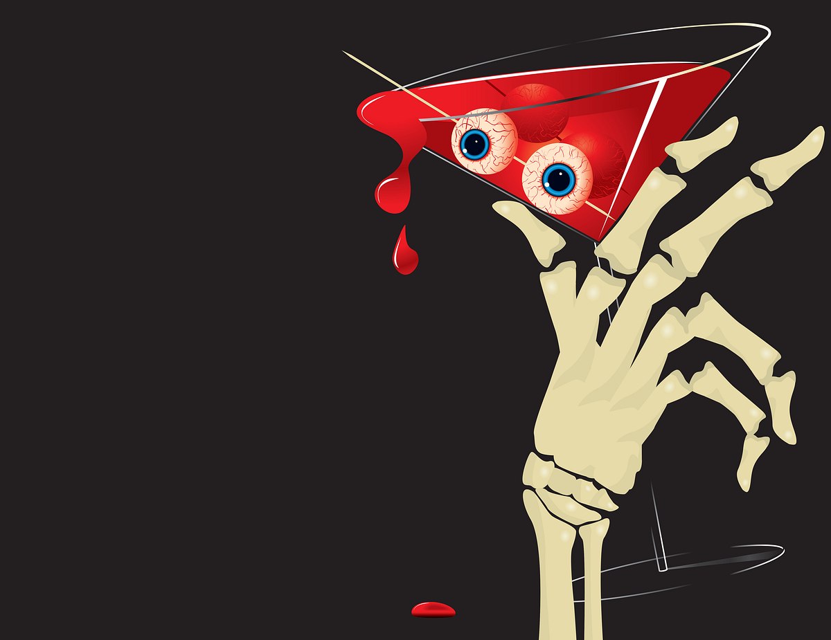Halloween Skelett Hand hält einen Halloween Martini! Logische Ebenen und Gruppen.