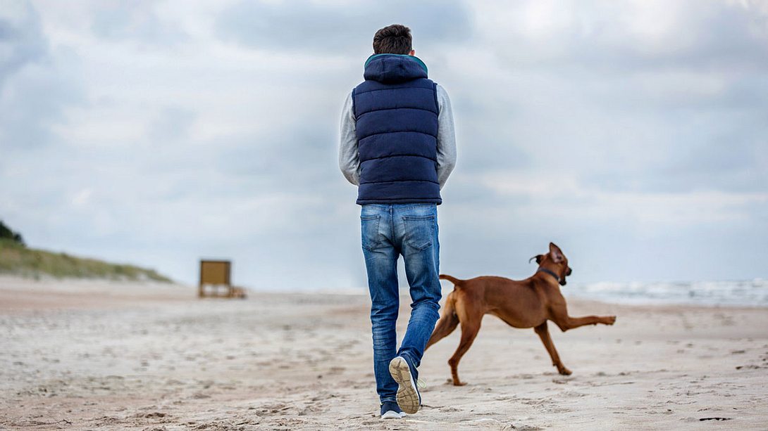 Mann genießt den Strand mit seinem Hund - Foto: iStock / AsyaPozniak