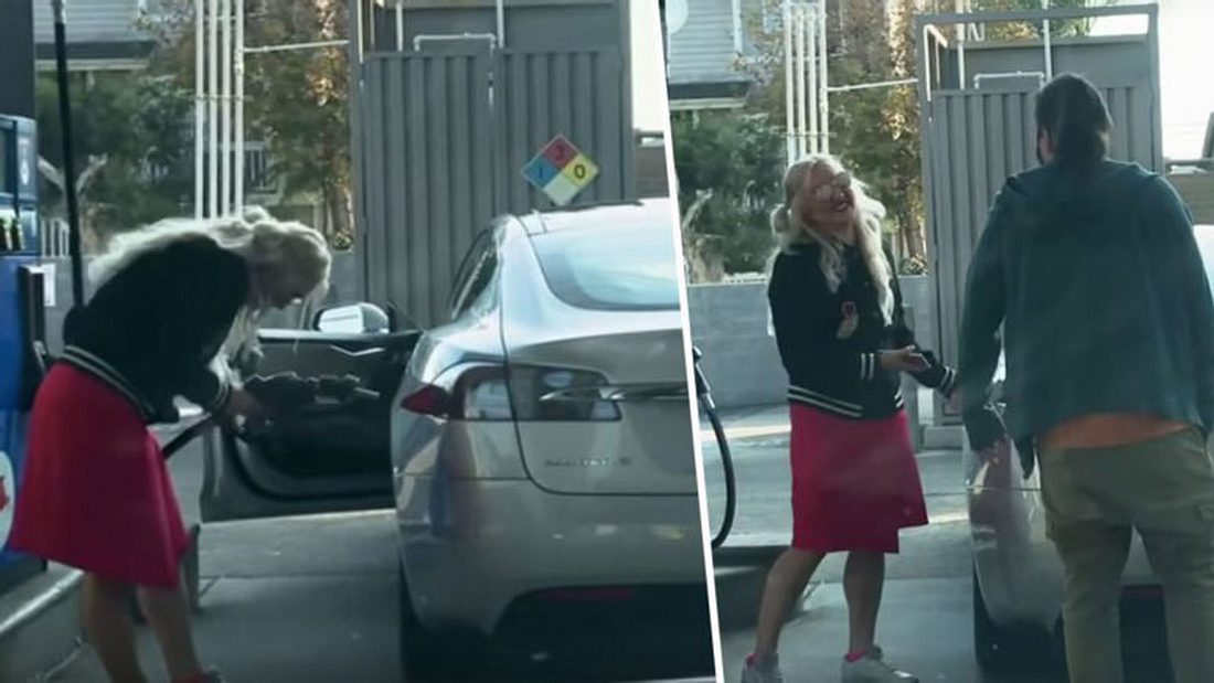 Frau versucht, einen Tesla mit Benzin aufzutanken