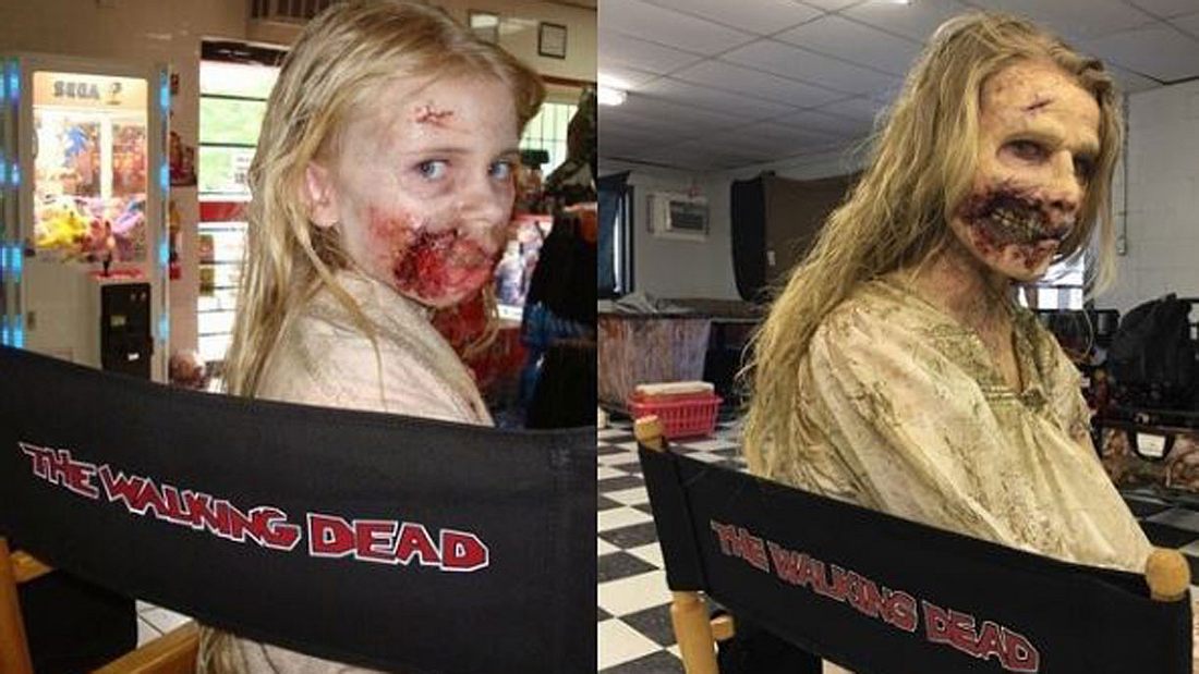 Addy Miller im Zombie-Make-up am Set von The Walking Dead Addy Miller im Zombie-Make-up am Set von The Walking Dead