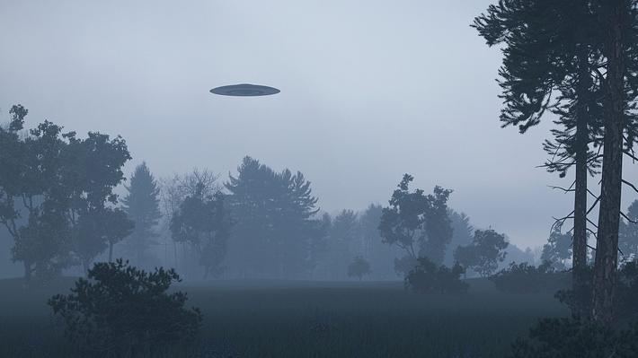 Ufo über einem nebligen Waldgebiet - Foto: iStock / ursatii
