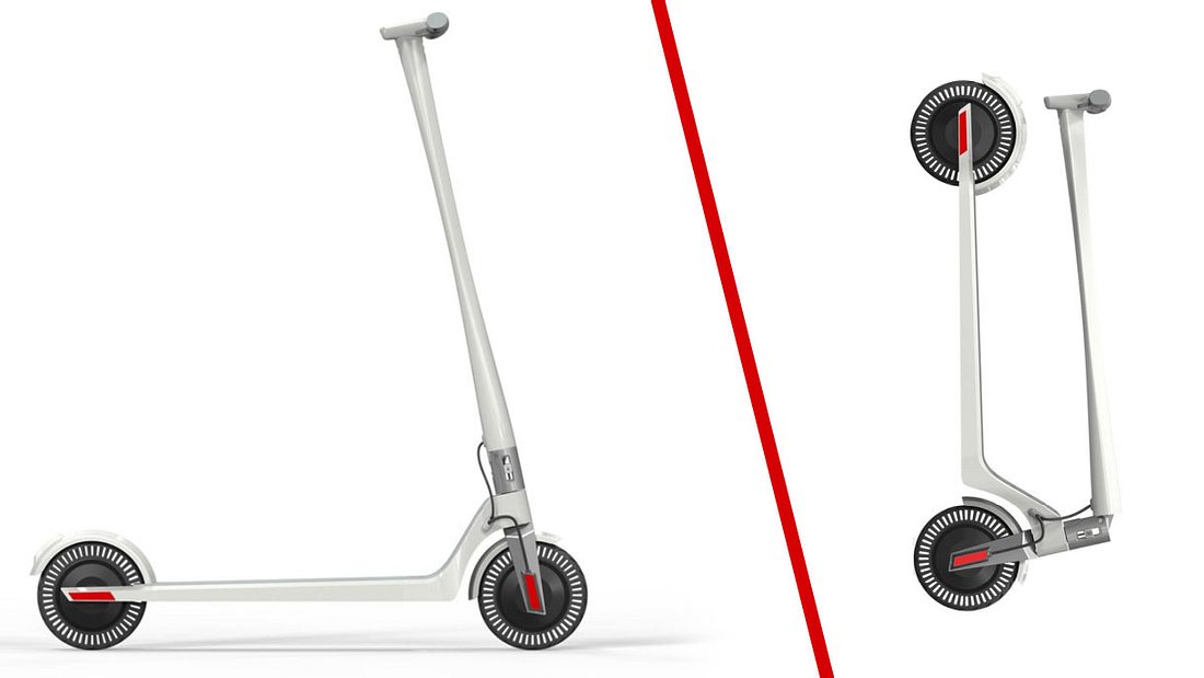 Der Unagi E-Scooter, auf- und zusammengeklappt Unagi-E-Scooter auf- und zugeklappt