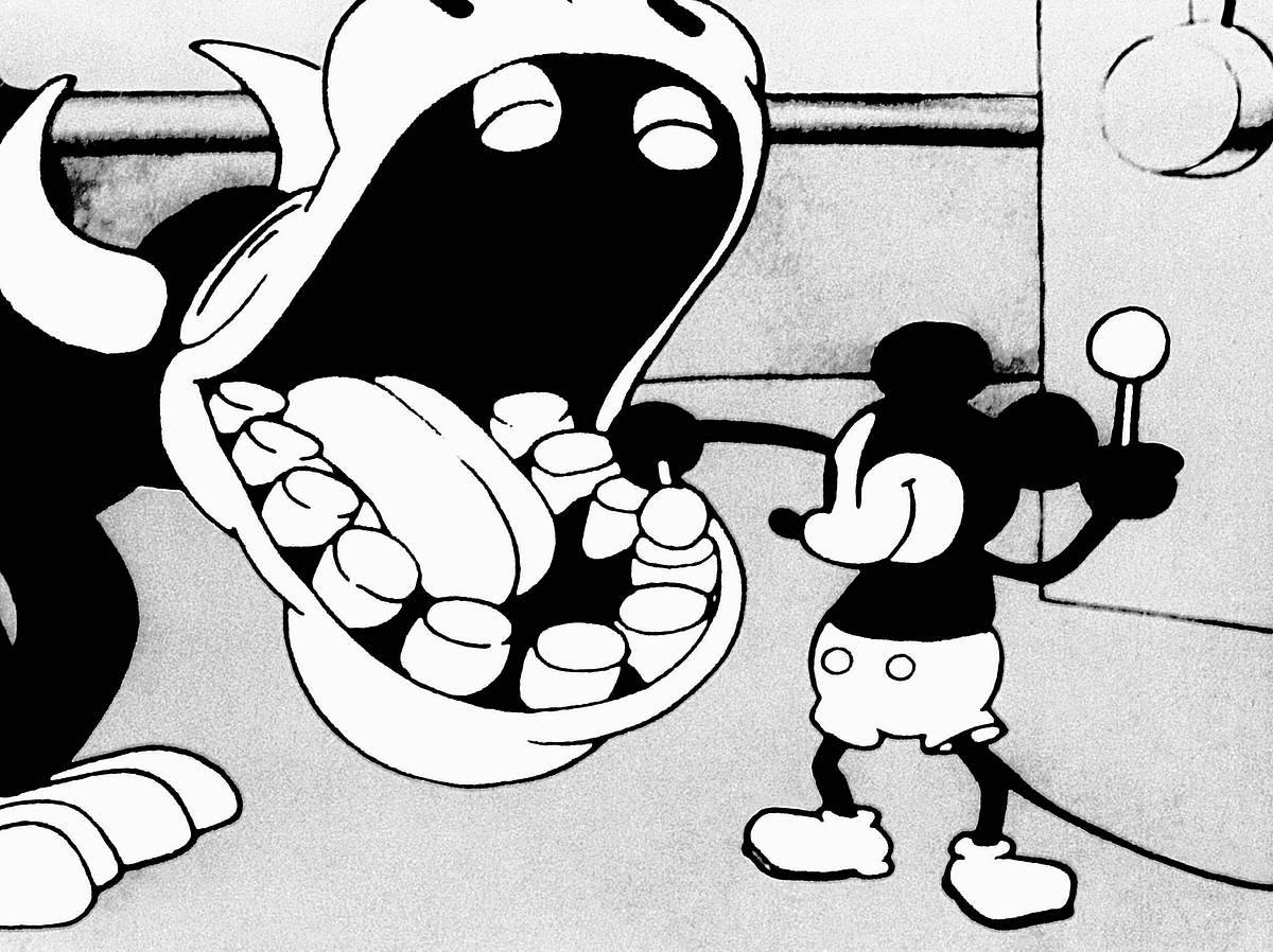 Mickey Mouse & Cow Characters: Mickey Mouse & Film: Steamboat Willie (1928)