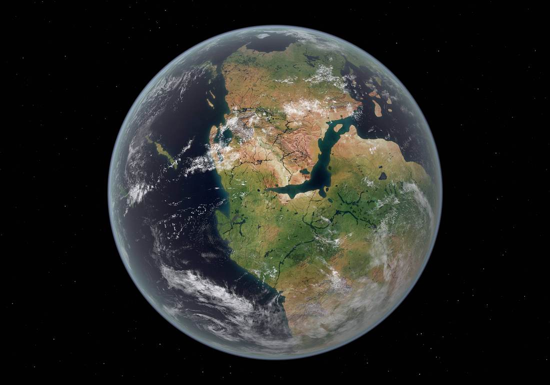 Urkontinent Pangea Planet Erde mit Urkontinent Pangea, aus dem Weltall gesehen