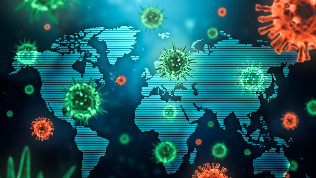 Viren schweben über einer Weltkarte - Foto: iStock / libre de droit