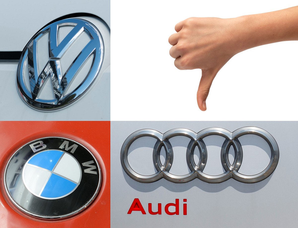 Logo von VW, BMW und Audi, Daumen runter