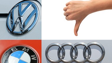Logo von VW, BMW und Audi, Daumen runter - Foto: iStock / jetcityimage / kontrast-fotodesign / hiphotos35 / alubalish