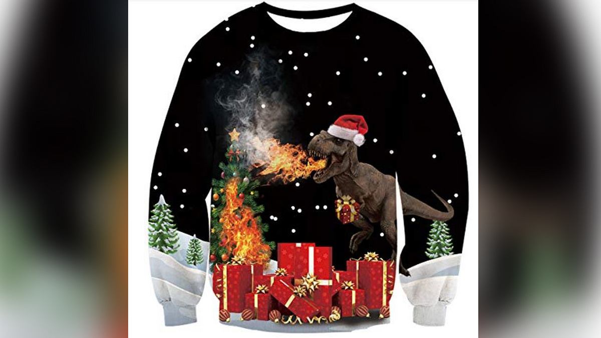 Weihnachtspullover mit Dino-Action