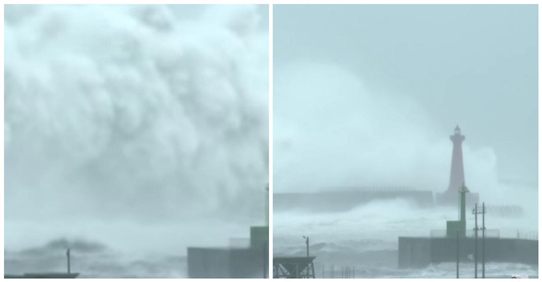 Zerstörerischen Wasserwand: Ein Typhoon löste an der Küste Taiwans Riesenwellen aus