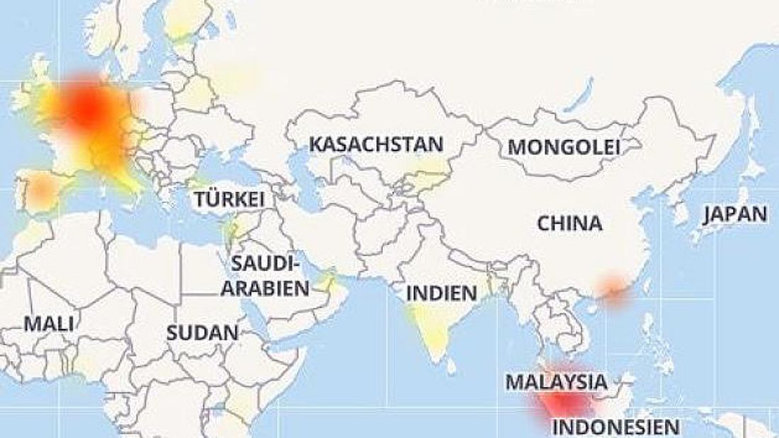 Die roten Bereiche zeigen die Ausfallregionen WhatsApp ist down